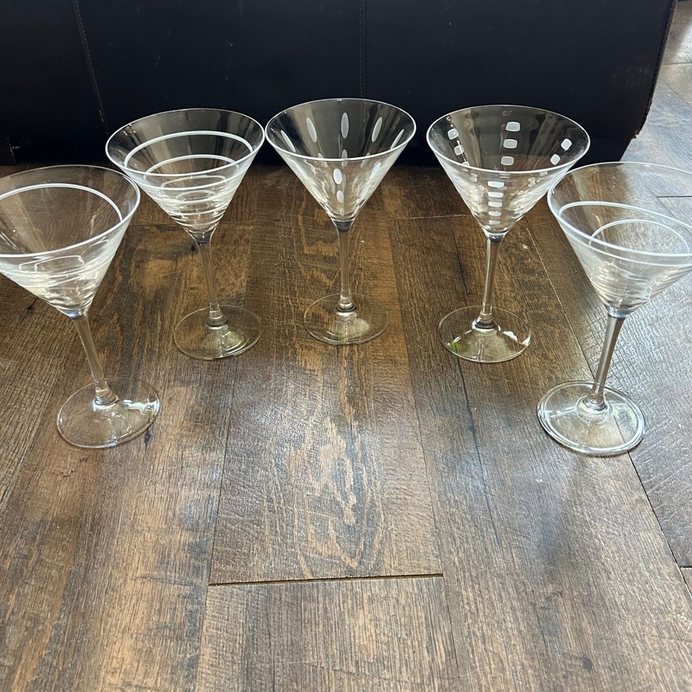 Mikasa Cheers Martini Glasses Set of 5 Assorted Etched Crystal Barware Clear